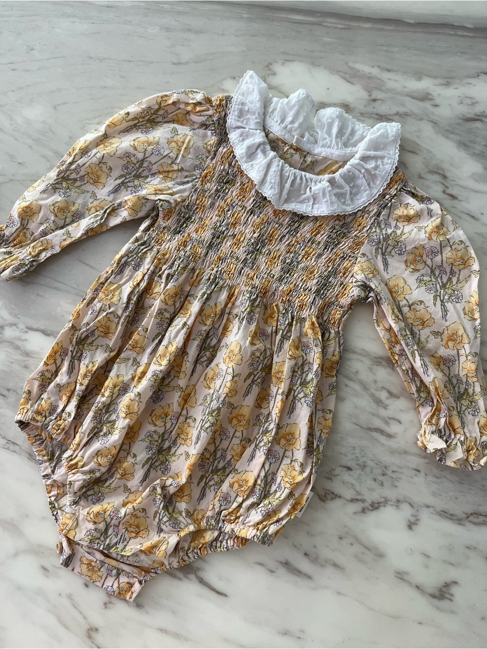 Smocked Yellow Floral Baby Romper with White Ruffle Collar